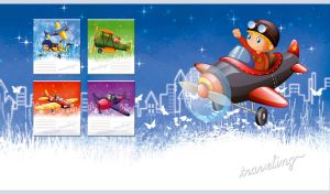 Drawing of a plane journey on the background of blue and white night sky