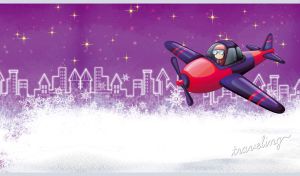 Drawing of a plane journey on the background of purple and white night sky