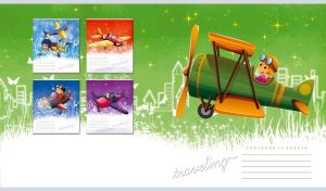 Drawing of a plane journey on the background of green and white night sky