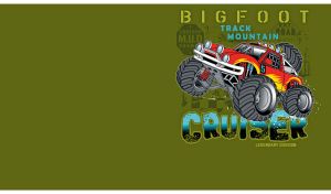 Red cruiser monster truck logo on a dark yellow-green backdrop