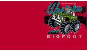 Western and a camouflage monster truck logo on a red backdrop