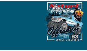 Nature and a blue and white monster offroader logo on a teal backdrop