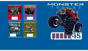 Road 45 and a red monster truck logo on a blue backdrop