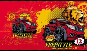 A red pickup truck and wild lion in pop art style on red background