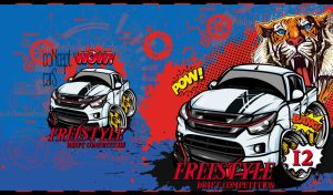 A white pickup truck and wild tiger in pop art style on navy blue background