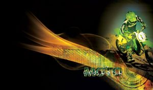 Motorcyclist in a lime outfit rides a moto into the orange graphic flames