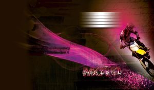 Motorcyclist in a white outfit rides a moto into the pink graphic flames