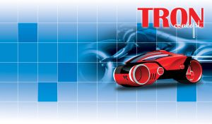 Red and black futuristic motorcycle on a grid pastel blue gradient