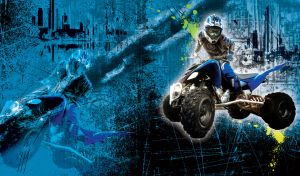 Off road quad-bike driven by biker in silver-blue suit on a blue grunge texture