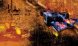 Blue formula one car driven by driver in a helmet on a dark orange grunge texture