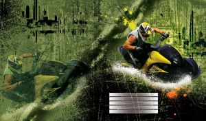 Yellow and black jet ski driven by racer in orange on green grunge texture