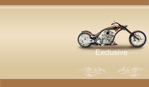 An exclusive black chopper with red flame design on a tan background