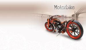 Orange and black tough chopper against a pastel beige monochromatic cityscape