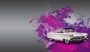 Retro Mercury XM-800 cabriolet on purple blot and floral stencils on grey