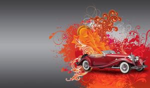 Retro Mercedes-Benz 500K cabriolet on red blot and floral stencils on grey