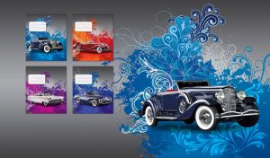 Retro Duesenberg Model J cabriolet on blue blot and floral stencils on grey