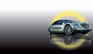 Grey luxury business class sedan in a yellow glowing circle on grey gradient