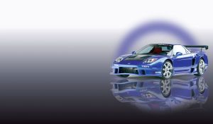 Blue sport coupe with the wing in the back in a violet glowing circle on grey gradient