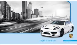 White sports hatchback sedan in a modern city on a pastel blue background