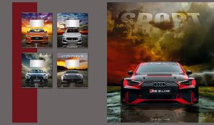 Black and red racing car on a road against a sepia thunderstorm