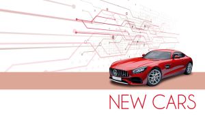 Red two-door grand tourer on a white backdrop with techno patterns