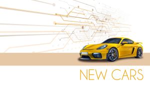 Yellow two-door luxury coupe on a white backdrop with techno patterns