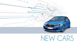 Bright blue subcompact executive car on a white backdrop with techno patterns