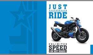 Royal blue and black sport bike on white and blue