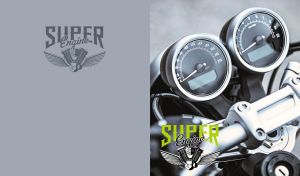 Speedo and tachometer of a motorbike and logo of “Super Engine”