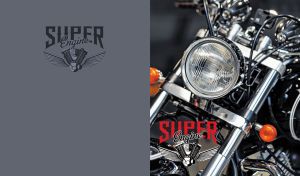 Headlight and orange turn signals on a motorbike and logo of “Super Engine”