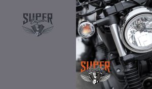 Headlight and turn signal on a black-chrome motorbike and logo of “Super Engine”