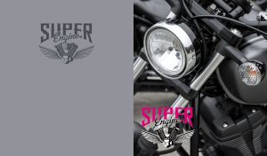 Close up on a headlights on a black motorbike and logo of “Super Engine”