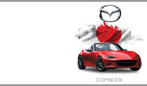 Red roadster on a white backdrop with the flag of Japan