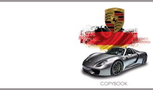 Metallic hybrid sports car on a white backdrop with the flag of Germany