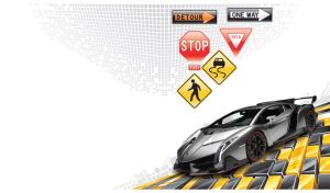 Oblique view of a satin graphite sports car and road signs on white