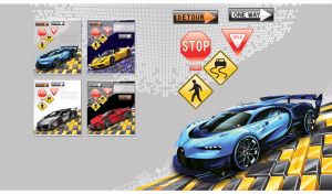 Oblique view of a chrome blue concept car and road signs on pastel grey