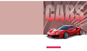 Red luxury sports car under a timber roof frame on pink-beige and white backdrops