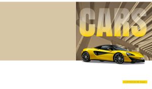 Yellow sports car under a timber roof frame on yellow-beige and white backdrops