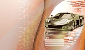 Olive sports car with reflection on the floor on an orange dotted background