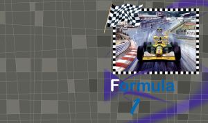 Yellow formula car competes at race circuit in a frame with finish flags