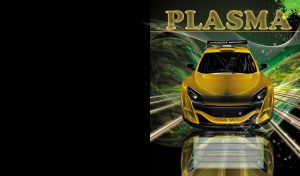 Front view of a yellow sport car against background of a lime plasma