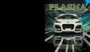 Front view of a light green sporty car against background of blue green plasma