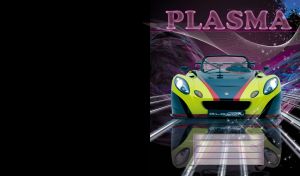 Front view of lime and green sports car against background of a purple plasma