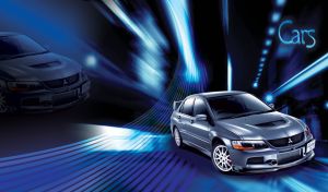 Grey sport sedan with a wing and with blue lines of highway and tails of shooting stars