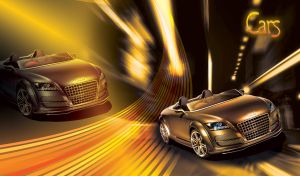Golden sport convertible car with yellow lines of highway and tails of shooting stars