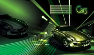 Dark olive sport coupe with green lines of highway and tails of shooting stars