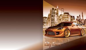 Orange coupe and a nighttime cityscape with illuminated skyscrapers on ochre brown