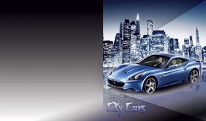 Blue coupe and a nighttime cityscape with illuminated skyscrapers on grey blue