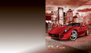 Red coupe and a nighttime cityscape with illuminated skyscrapers on red brown