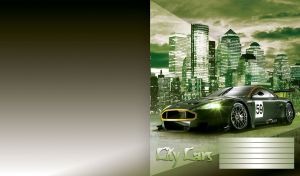 Green coupe and a nighttime cityscape with illuminated skyscrapers on green